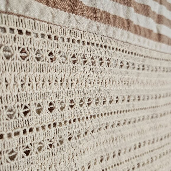 Striped Button-Up Shirt  Womans Crochet Back Panel Beige White Size Med Boho - Picture 6 of 13